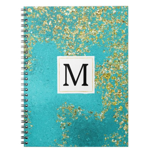 Aqua Goud Nep Glitterend Monogram Notitieboek (Voorkant)