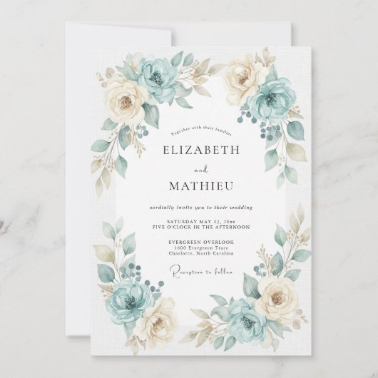 Aqua Goud Ranunculus Eucalyptus Bruiloft Kaart (Voorkant)