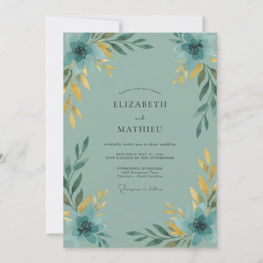 Aqua Gouden Blad Bruiloft Kaart (Voorkant)