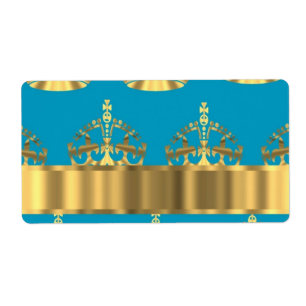 Aqua & gouden kroonpatroon etiket
