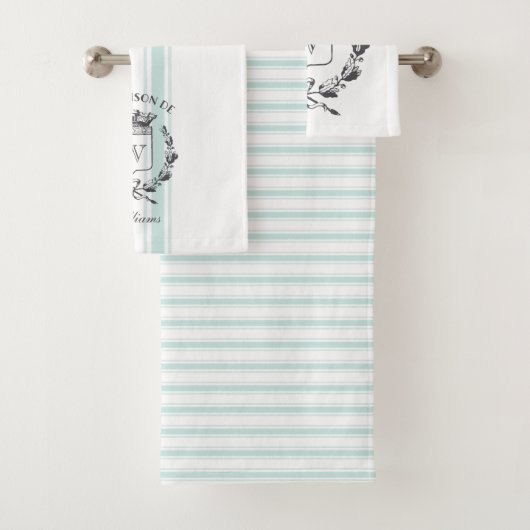 Aqua Grain Sack Custom Family Crest Towel set Bad Handdoek (Insitu)