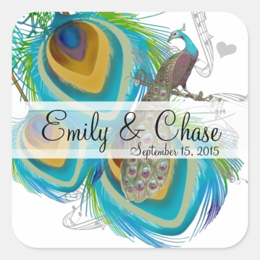Aqua Gray 3 Peacock Feathers Wedding Sticker (Voorkant)