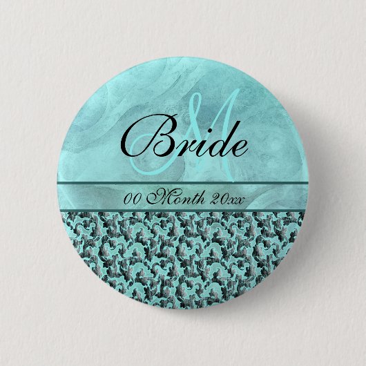 aqua gray bruiloft bride floral damask ronde button 5,7 cm (Voorkant)