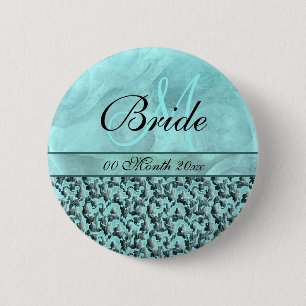 aqua gray bruiloft bride floral damask ronde button 5,7 cm