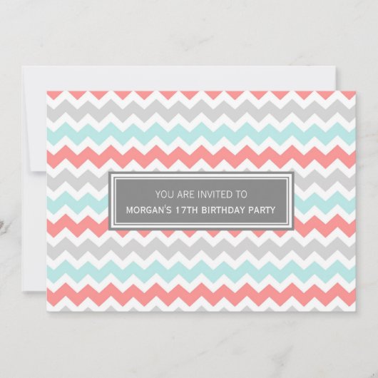 Aqua Gray Chevron 17th Birthday Party Invitation Kaart (Voorkant)