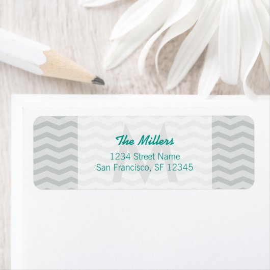 Aqua gray chevron monogram retour address labels (Insitu)