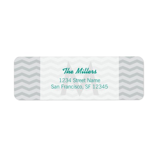 Aqua gray chevron monogram retour address labels (Voorkant)