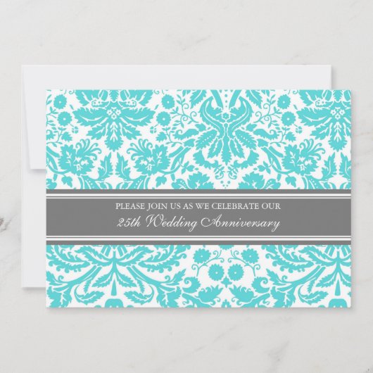 Aqua Gray Damask 25e jubileum uitnodiging (Voorkant)