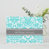 Aqua Gray Damask 25e verjaardagsuitnodiging Kaart (Staand voorkant)