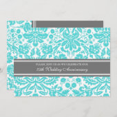 Aqua Gray Damask 25e verjaardagsuitnodiging Kaart (Voorkant / Achterkant)
