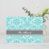 Aqua Gray Damask Bat Mitzvah Invitaties Kaart (Staand voorkant)