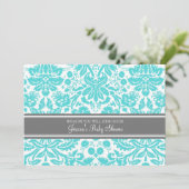 Aqua Gray Damask Custom Baby Shower Invitaties Kaart (Staand voorkant)