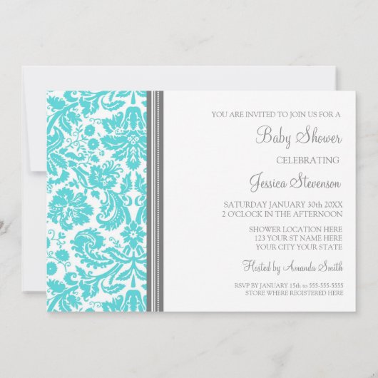 Aqua Gray Damask Custom Baby Shower Invitaties Kaart (Achterkant)