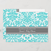 Aqua Gray Damask Custom Baby Shower Invitaties Kaart (Voorkant / Achterkant)