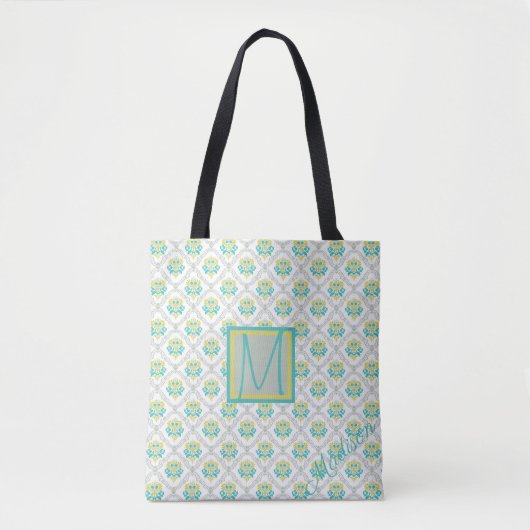 Aqua Gray en Chartreuse Pattern Trendy Monogram Tote Bag (Voorkant)