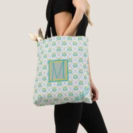 Aqua Gray en Chartreuse Pattern Trendy Monogram Tote Bag