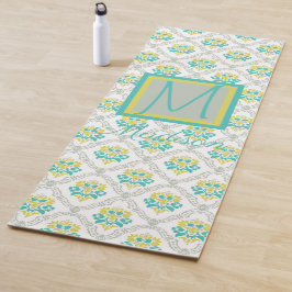 Aqua Gray en Chartreuse Trendy Monogram Yogamat