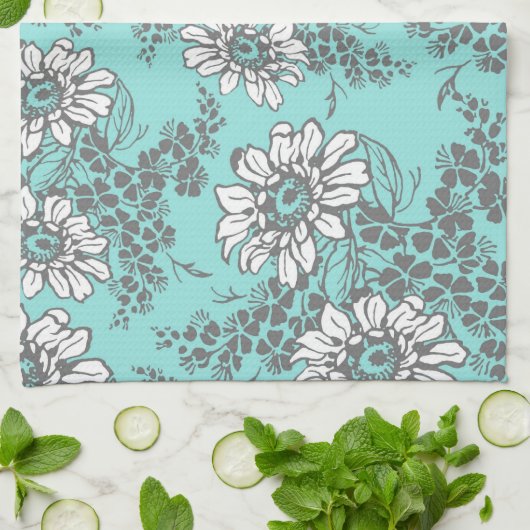 Aqua Gray Floral Kitchen Cloth Towel Theedoek (Gevouwen)