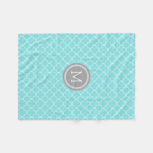 Aqua Gray Quatrefoil Pattern Monogram Blanket Fleece Deken (Voorkant (Horizontaal))