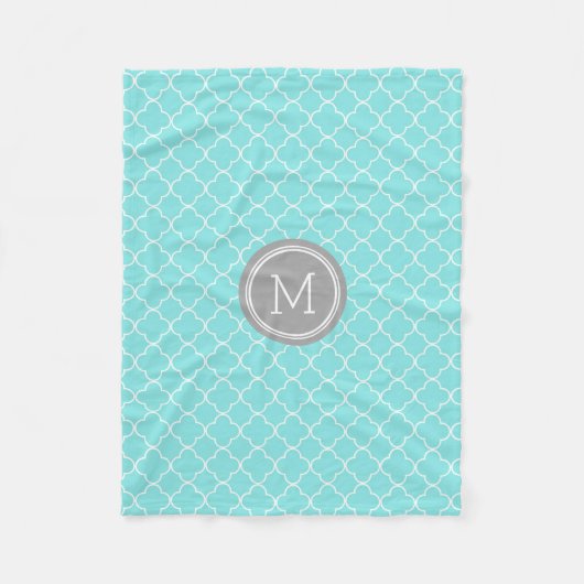 Aqua Gray Quatrefoil Pattern Monogram Blanket Fleece Deken (Voorkant)