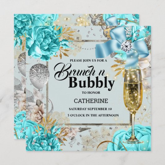 Aqua gray roos shabby chic bubbly glitter kaart (Voorkant / Achterkant)