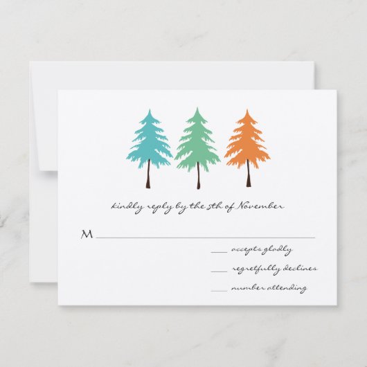Aqua Green Coral Forest Pine Tree Wedding RSVP Kaartje (Voorkant)