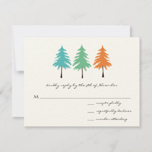 Aqua Green Coral Forest Pine Tree Wedding RSVP Kaartje