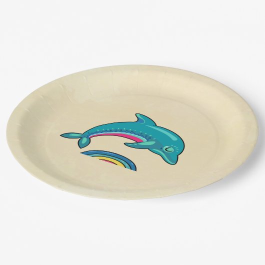 Aqua Green Dolphin gebogen over regenboogwater Papieren Bordje (Gekanteld)