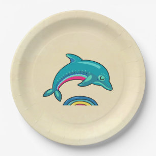 Aqua Green Dolphin gebogen over regenboogwater Papieren Bordje