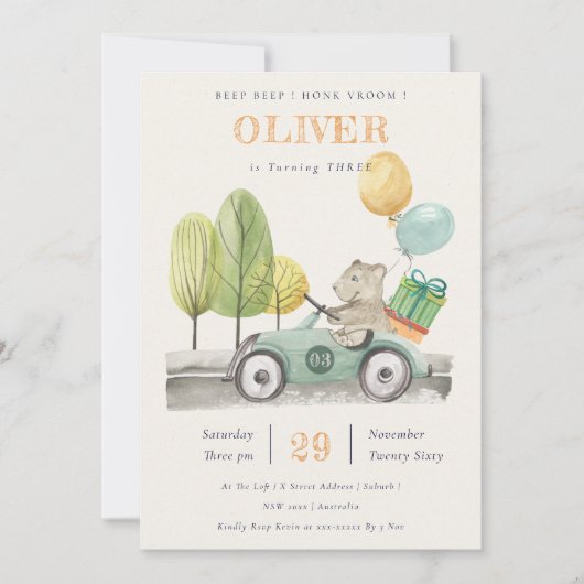 Aqua Green Elke zondag van de dag Teddy Car Invite Bedankkaart (Voorkant)