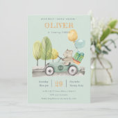 Aqua Green Elke zondag van de dag Teddy Car Invite Bedankkaart (Staand voorkant)