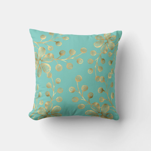 AQUA GREEN EN GOLD BOTANICAL DOUBLE SIE Cushion Kussen (Voorkant)