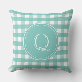 Aqua Green en White Gingham Monogram Kussen