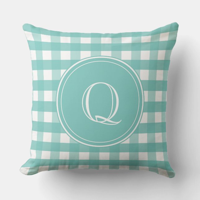 Aqua Green en White Gingham Monogram Kussen (Voorkant)