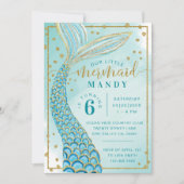 Aqua Green Gold Little Mermaid Birthday Invitation Kaart (Voorkant)