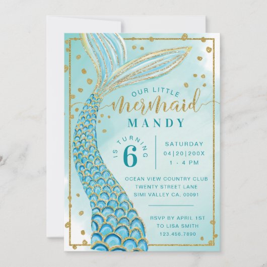 Aqua Green Gold Little Mermaid Birthday Invitation Kaart (Voorkant)