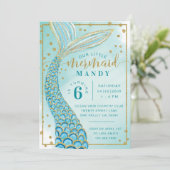 Aqua Green Gold Little Mermaid Birthday Invitation Kaart (Staand voorkant)