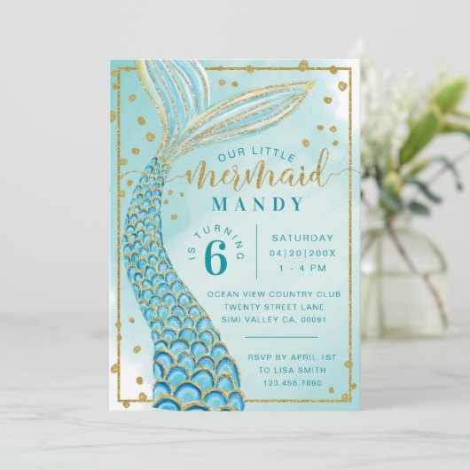 Aqua Green Gold Little Mermaid Birthday Invitation Kaart (Staand voorkant)