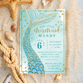 Aqua Green Gold Little Mermaid Birthday Invitation Kaart