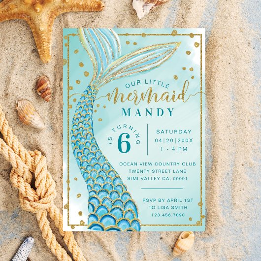 Aqua Green Gold Little Mermaid Birthday Invitation Kaart