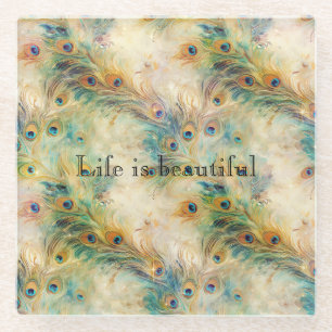 Aqua Green Gold Peacock Feathers Glazen Onderzetter