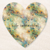 Aqua Green Gold Peacock Feathers Kartonnen Onderzetters (Voorkant)