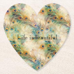 Aqua Green Gold Peacock Feathers Kartonnen Onderzetters