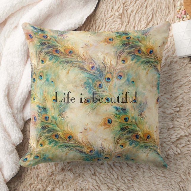 Aqua Green Gold Peacock Feathers Kussen (Deken)
