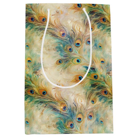 Aqua Green Gold Peacock Feathers Medium Cadeauzakje (Voorkant)