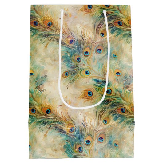Aqua Green Gold Peacock Feathers Medium Cadeauzakje (Achterkant)