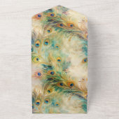 Aqua Green Gold Peacock Feathers Wedding All In One Uitnodiging (Buitenkant)