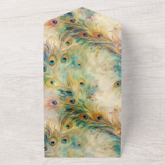 Aqua Green Gold Peacock Feathers Wedding All In One Uitnodiging (Buitenkant)