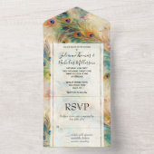 Aqua Green Gold Peacock Feathers Wedding All In One Uitnodiging (Binnen)