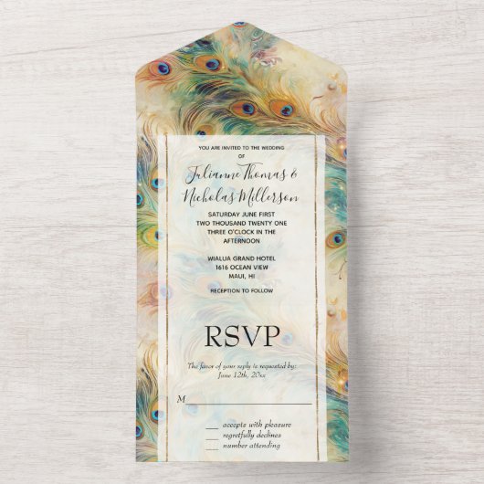 Aqua Green Gold Peacock Feathers Wedding All In One Uitnodiging (Binnen)